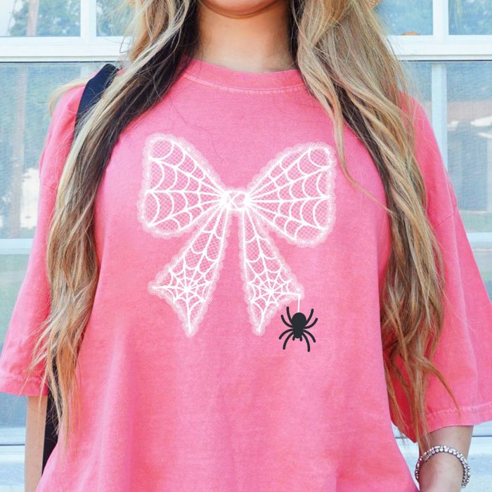 Lace Cobweb Spider Halloween Bow - T-Shirt (Crewneck)  100 Cotton Heavyweight Tee (Unisex)  Comfort Colors