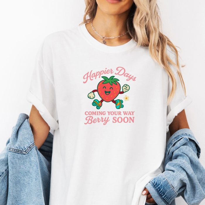 Happier Days Ahead Vintage Kawaii Strawberry Skating - T-Shirt Soft Wash Cotton Heavyweight Tee Comfort Colors