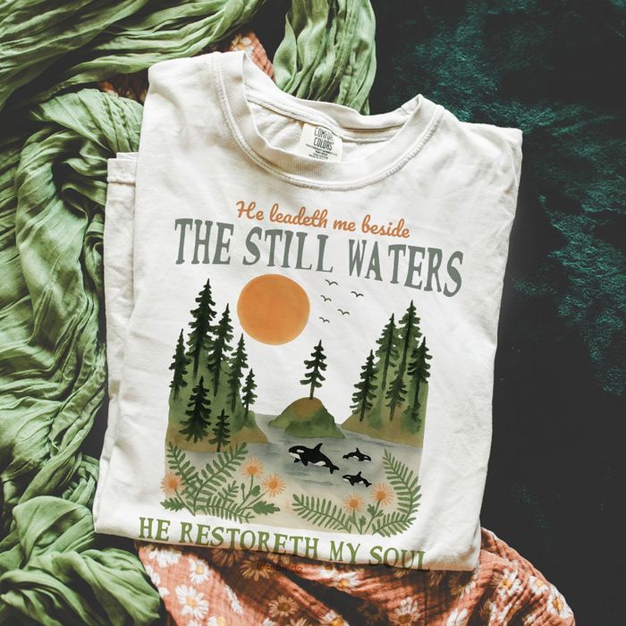 He Leadeth Me Beside The Still Waters Christian Bible Verse San Juan Orcas - T-Shirt Cotton Heavyweight Tee Comfort Colors