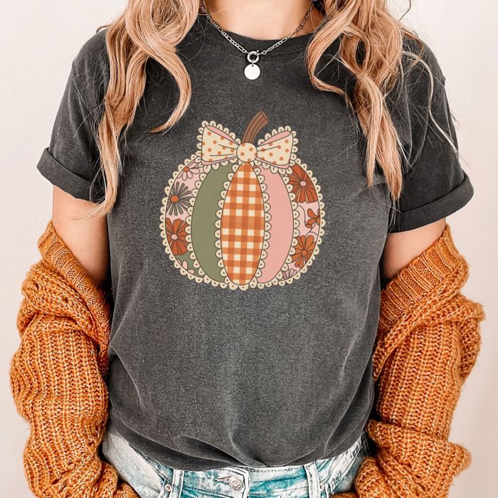Adorable Patchwork Fall Pumpkin Ditzy Floral  - T-Shirt Soft Wash Heavyweight Tee Comfort Colors