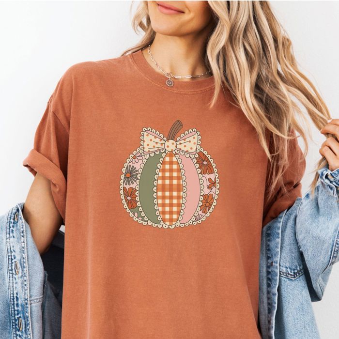 Adorable Patchwork Fall Pumpkin Ditzy Floral  - T-Shirt Soft Wash Heavyweight Tee Comfort Colors