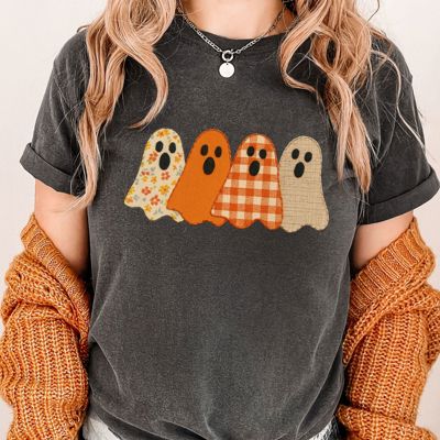 Four Faux Fabric Ghosties For Halloween and Fall - T-Shirt Soft Wash Heavyweight Tee (Unisex) Comfort Colors