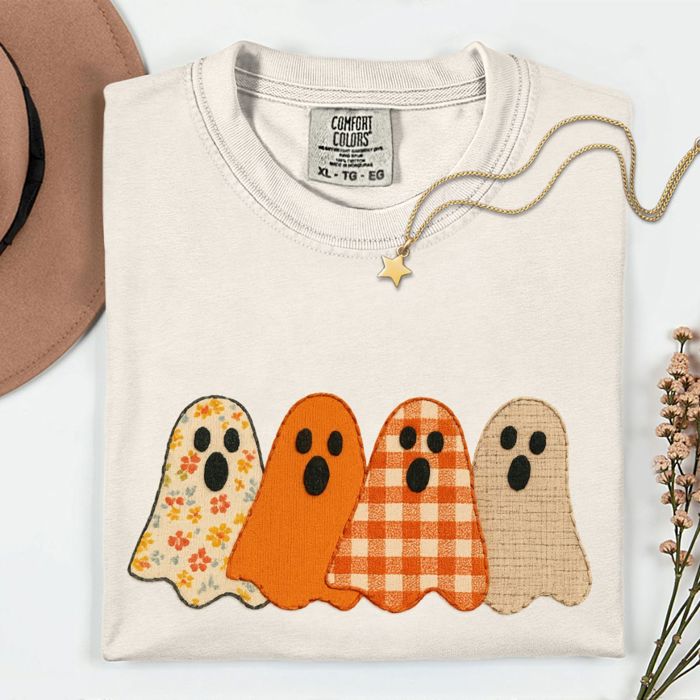Four Faux Fabric Ghosties For Halloween and Fall - T-Shirt Soft Wash Heavyweight Tee (Unisex) Comfort Colors