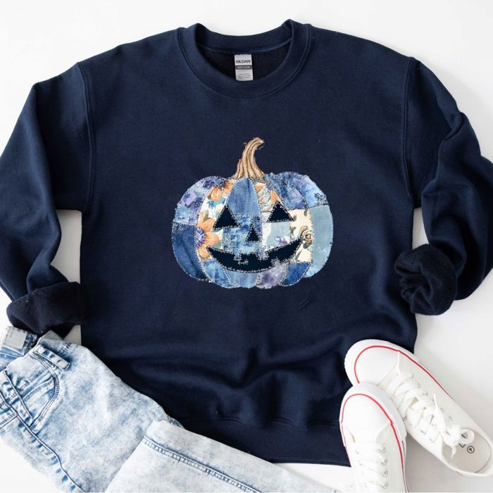 Happy Blue Patchwork Pumpkin Halloween Fall - Comfy Drop Shoulder Sweatshirt