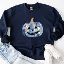  Happy Blue Patchwork Pumpkin Halloween Fall - Comfy Drop Shoulder Sweatshirt