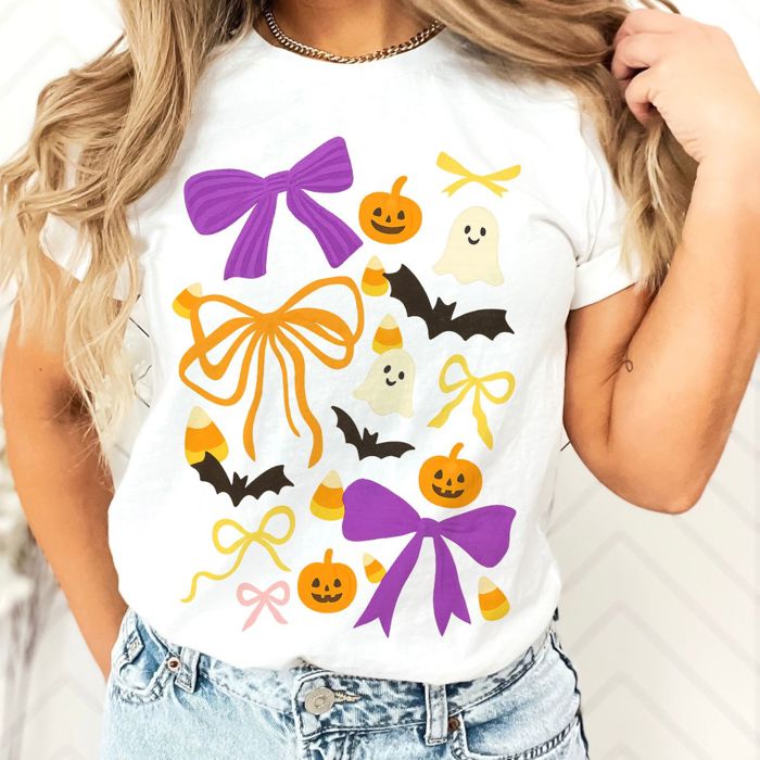 Bow Halloween Candy Collage Sketch - Soft Cozy Longer Length Bella Canvas Tee