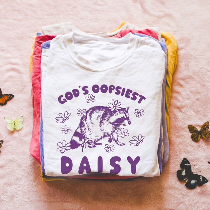 Gods Oppsiest Daisy Vintage Sketched Raccoon Christian Bible Sayings - Soft Comfy Longer Length Bella Canvas Tee