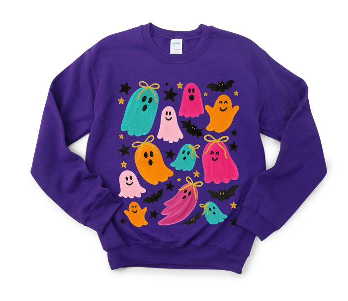 Colorful Painted Ghost and Bat Collage - Drop Shoulder Comfy Sweatshirt