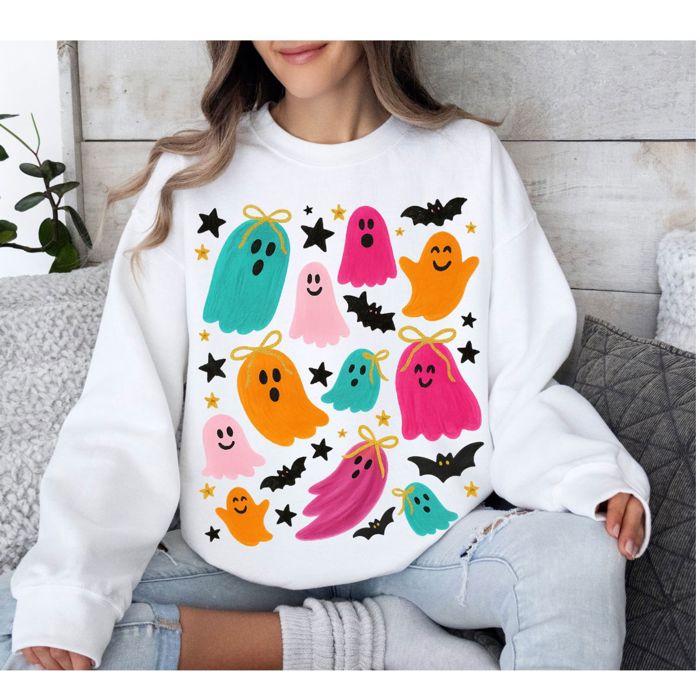 Colorful Painted Ghost and Bat Collage - Drop Shoulder Comfy Sweatshirt