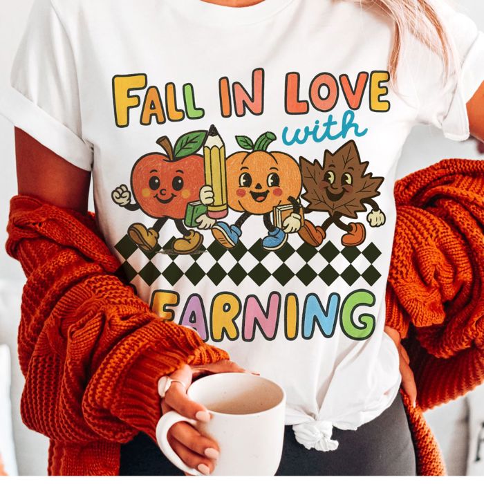 Fall In Love With Learning Cute Back To School Vintage Retro Characters - Softer Longer Length Bella Canvas Tee