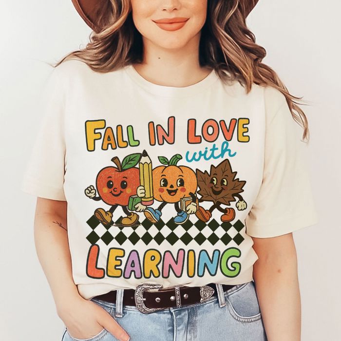 Fall In Love With Learning Cute Back To School Vintage Retro Characters - Softer Longer Length Bella Canvas Tee