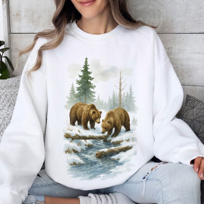 Two Grizzly Bears Winter WaterColor Designs - Comfy Drop Shoulder Sweatshirt