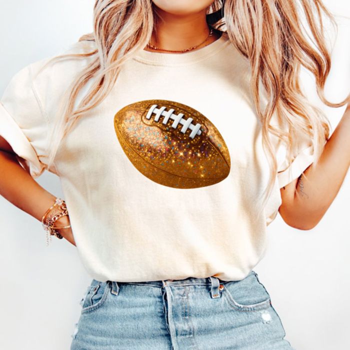 Faux (Printed, not real glitter or fabric)     Glitter Football Fall Sports - Soft Comfy Longer Length Bella Canvas Tee