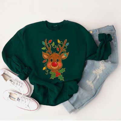 Vintage Rudolph The Red-Nosed Reindeer Faux (Printed, not real fabric or sparkles)  Sparkly With Christmas Lights - Comfy Drop Shoulder Sweatshirt