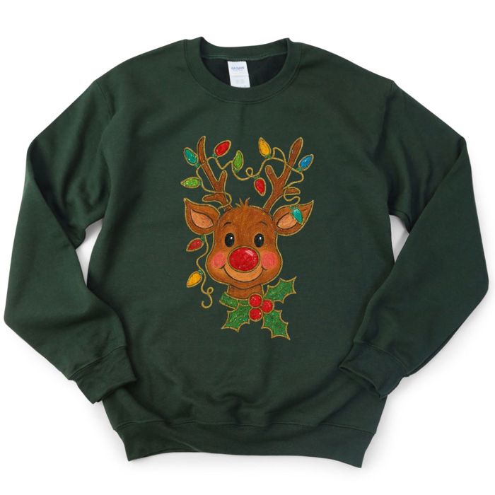 Vintage Rudolph The Red-Nosed Reindeer Faux (Printed, not real fabric or sparkles)  Sparkly With Christmas Lights - Comfy Drop Shoulder Sweatshirt