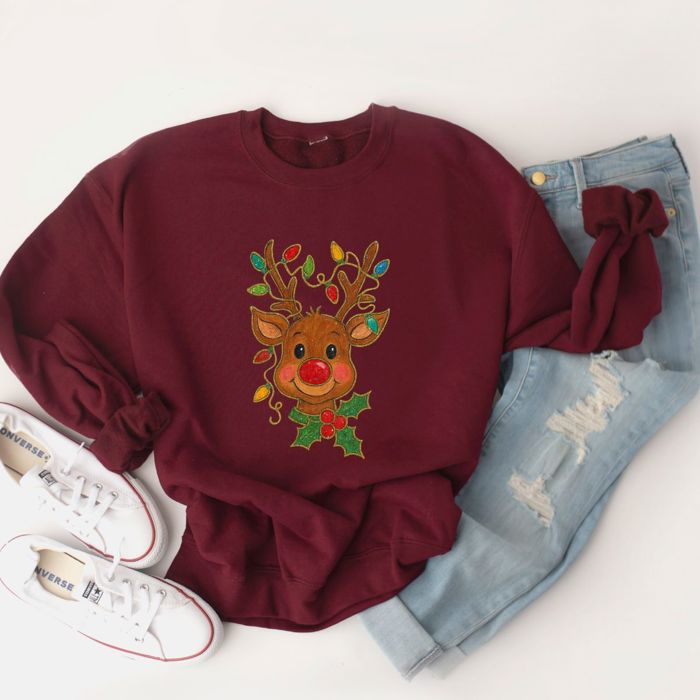 Vintage Rudolph The Red-Nosed Reindeer Faux (Printed, not real fabric or sparkles)  Sparkly With Christmas Lights - Comfy Drop Shoulder Sweatshirt