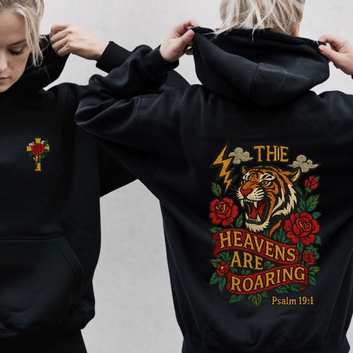 The Heavens Are Roaring Faux (Printed, not real fabric or embroidery)  Embroidery Tiger Bible Verse - Comfy Faith Inspired Drop Shoulder Hoodie