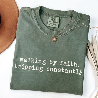Walking By Faith Tripping Constantly Bible Jesus Christian - T-Shirt Soft Wash Cotton Heavyweight Tee (Unisex) Comfort Colors