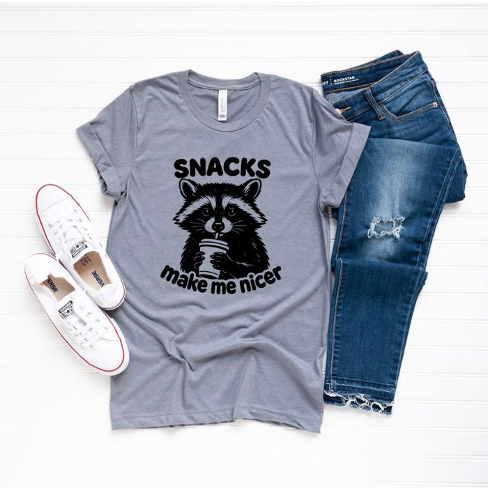 Snacks Make Me Nicer - Funny Coffee Latte Raccoon - Soft Longer Length Bella Canvas