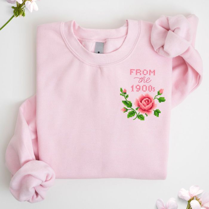 From The 1900s Cross Stitched Roses Embroidery Faux (Printed, not real fabric or embroidery) - Soft Drop Shoulder Sweatshirt