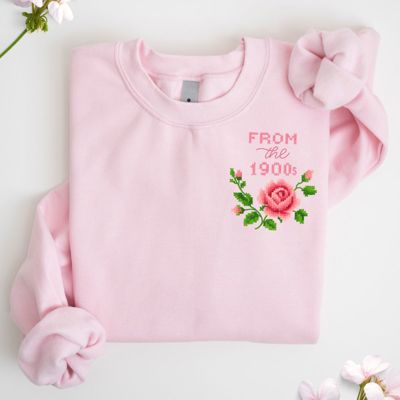 From The 1900s Cross Stitched Roses Embroidery Faux (Printed, not real fabric or embroidery) - Soft Drop Shoulder Sweatshirt