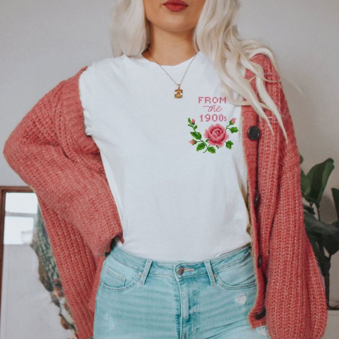 From The 1990s Cross Stiched Rose Vintage Faux (Printed, not real fabric or embroidery)  Embroidery - Soft Longer Length Bella Canvas Tee
