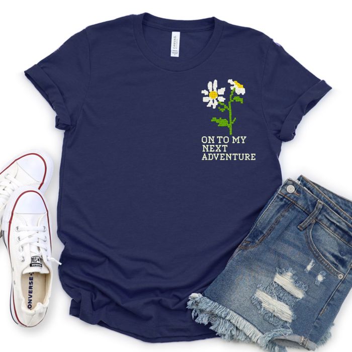 Onto My Next Adventure Faux (Printed, not real fabric or embroidery)  Embroidered Daisies - Soft Longer Length Bella Canvas Tee