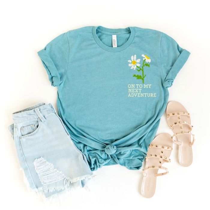 Onto My Next Adventure Faux (Printed, not real fabric or embroidery)  Embroidered Daisies - Soft Longer Length Bella Canvas Tee