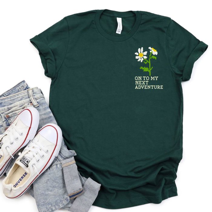 Onto My Next Adventure Faux (Printed, not real fabric or embroidery)  Embroidered Daisies - Soft Longer Length Bella Canvas Tee