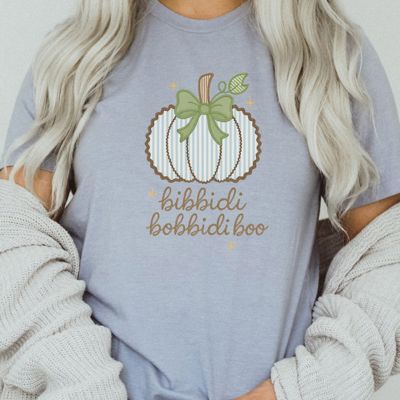 Bibidibobidi BOO - Faux (Printed, not real fabric)   Fabric Rick Rack Pumpkin Fairy Tales - Soft Longer Length Bella Canvas Tee