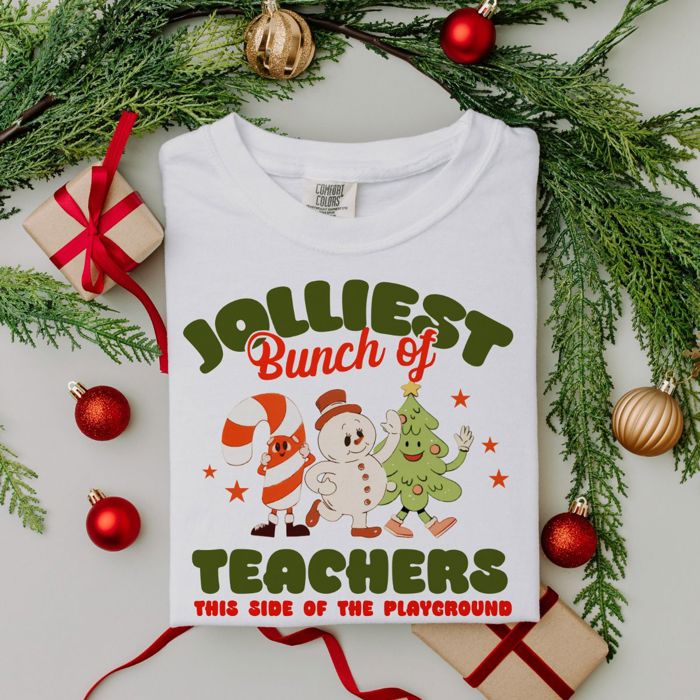 Jolliest Bunch Of Teachers This Side Of The Playground Christmas School - Softest Longer Length Bella Canvas Tee