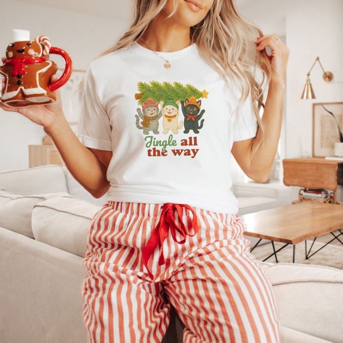 Jingle All The Ways Cats With Christmas Tree - Soft Longer Length Bella Canvas Tee
