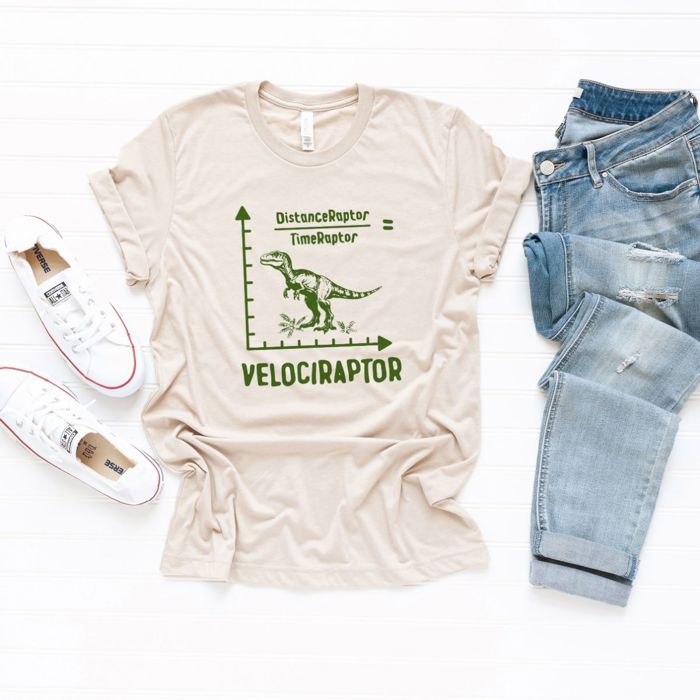 Velocipaptor DistanceRaptor TimeRaptor Funny Dinosaur Math Puns - Soft Longer Length Bella Canvas Tee T-Shirt