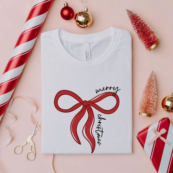 Merry Christmas Red Ribbon Bow Happy Holidays - Soft Longer Length Bella Canvas Tee