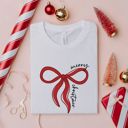  Merry Christmas Red Ribbon Bow Happy Holidays - Soft Longer Length Bella Canvas Tee