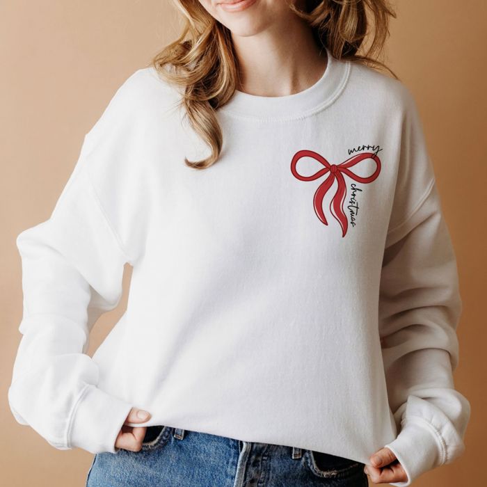 Merry Christmas Red Ribbon Bow Happy Holidays - Sweatshirt (Crewneck)  Poly-Cotton Colors (Unisex)  Gildan