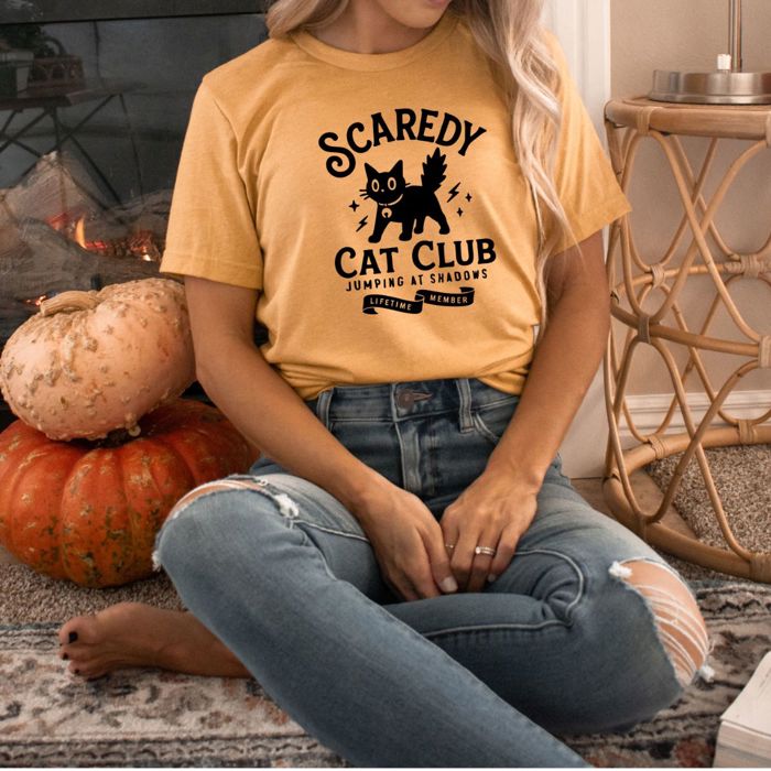 Scardy Cat Club Jumping At Shadows Spooky Black Cat - Soft Longer Length Tee