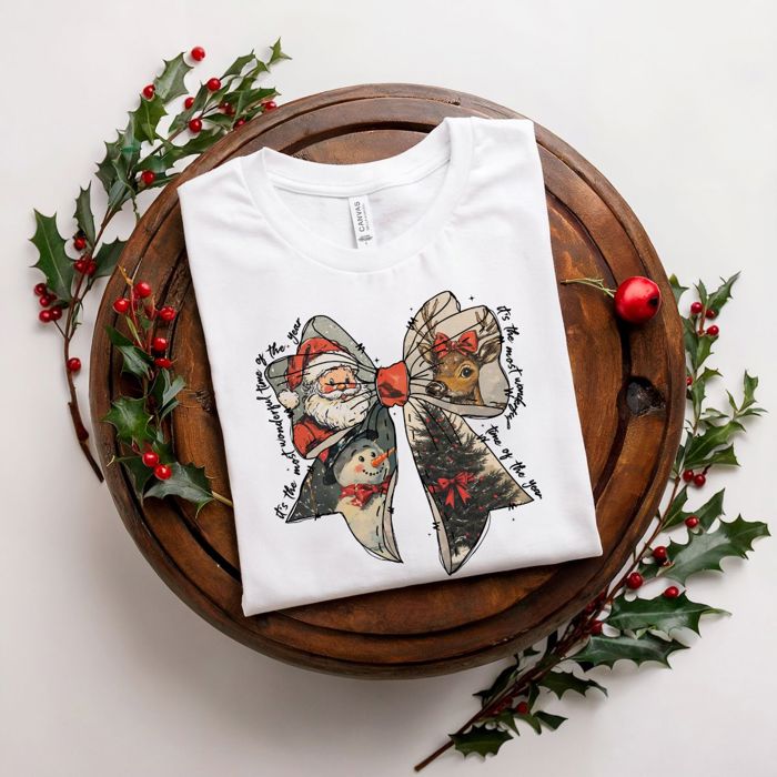 Jolly Christmas Santa Claus Bow With Rudolph and Frosty - Soft Longer Length Bella Canvas Tee