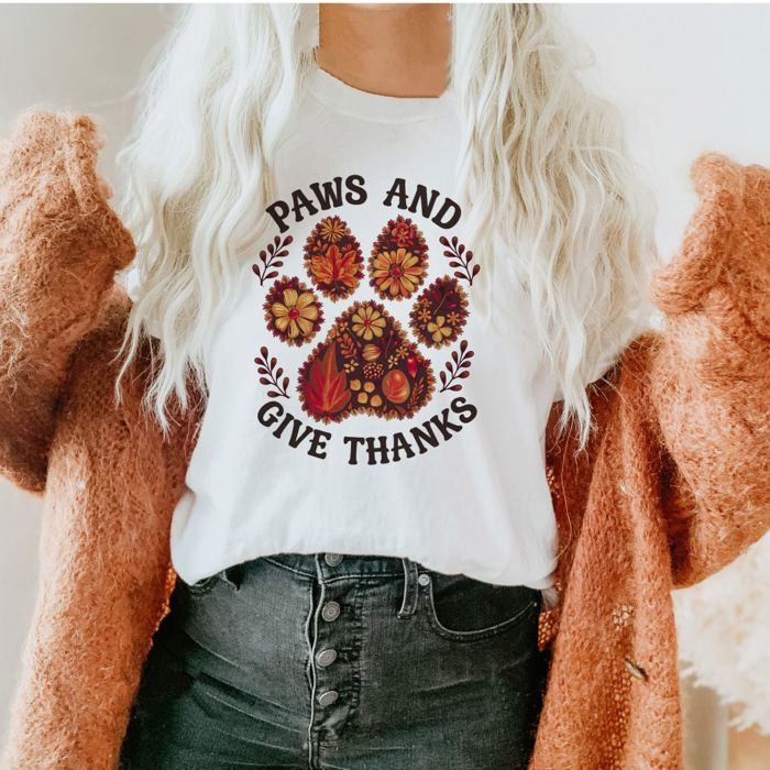 Paws And Give Thanks Dog Mom Dog Dad Thanksgiving for Pet Lovers - Soft Longer Length Bella Canvas Tee