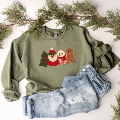 Faux Printed Felted Quilted Adorable Christmas Characters For The Holidays - Sweatshirt (Crewneck)  Poly-Cotton Colors (Unisex)  Gildan