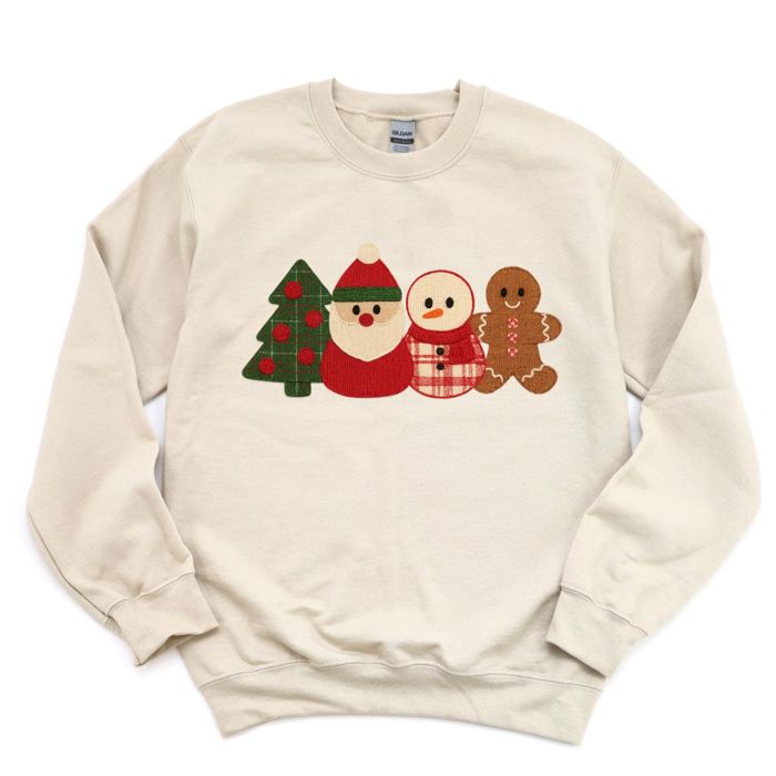 Faux Printed Felted Quilted Adorable Christmas Characters For The Holidays - Sweatshirt (Crewneck)  Poly-Cotton Colors (Unisex)  Gildan