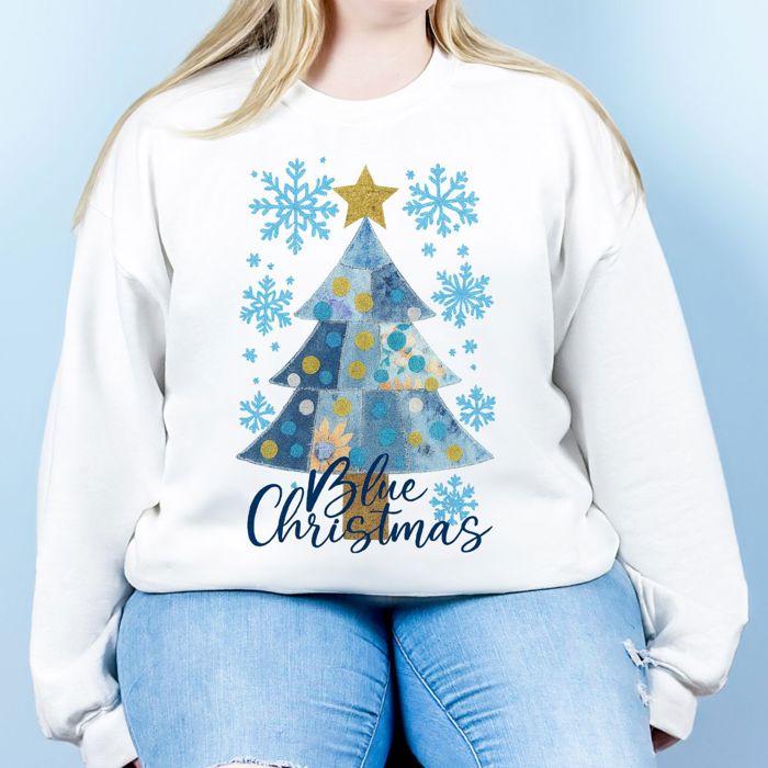 Faux (Printed, not real fabric or quilting)  Blue Christmas Jean Faux Quilted Christmas Tree - Sweatshirt (Crewneck)  Poly-Cotton Colors (Unisex)  Gildan
