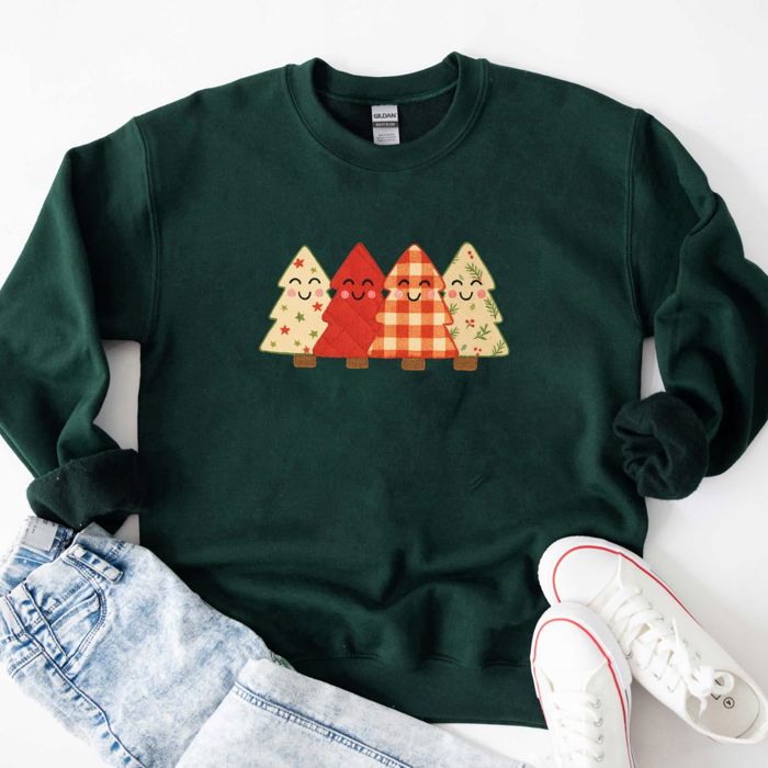 Faux (Printed, not real quilted fabric) Printed Quilted Happy Little Christmas Trees For Holidays and Winter - Comfy Drop Shoulder Sweatshirt