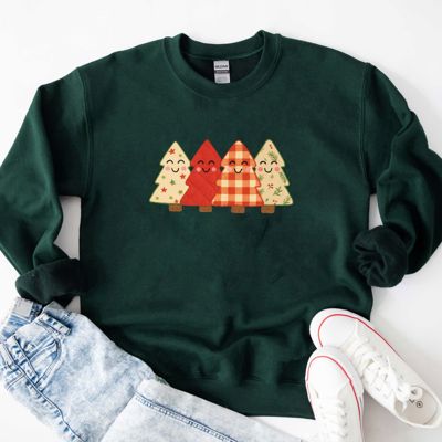 Faux (Printed, not real quilted fabric) Printed Quilted Happy Little Christmas Trees For Holidays and Winter - Comfy Drop Shoulder Sweatshirt