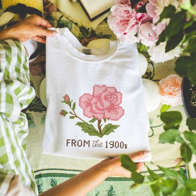 Faux (Printed, not real stitch)   Cross Stitched I'm From The 1900s Cross Stitched Pattern of a Vintage Rose - Drop Shoulder Comfy Sweatshirt