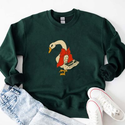 Faux (Printed, not real stitch)   Cross Stitched Christmas Goose With Red Ribbon - Comfy Drop Shoulder Sweatshirt
