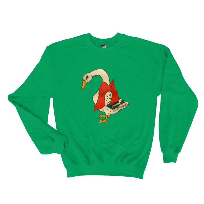 Faux (Printed, not real stitch)   Cross Stitched Christmas Goose With Red Ribbon - Comfy Drop Shoulder Sweatshirt
