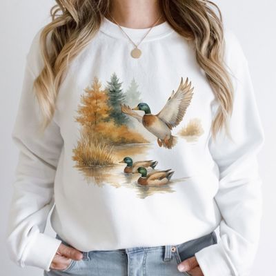 Vintage Watercolor Fall Ducks On The Lake - Sweatshirt (Crewneck)  Poly-Cotton Colors (Unisex)  Gildan