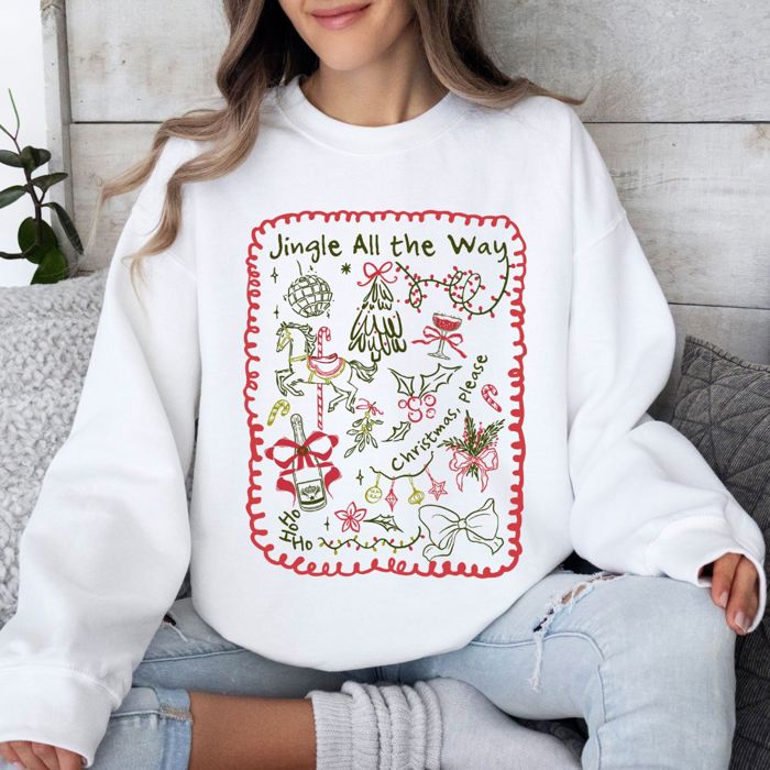 Jingle All the Way Green And Red Christmas Doodles - Comfy Drop Shoulder Sweatshirt