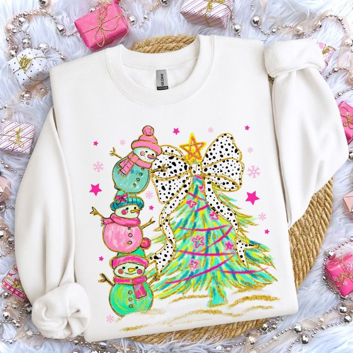 Stack Of Adorable Decorating Christmas Tree With Bow Snowmen - Comfy Drop Shoulder Sweatshirt